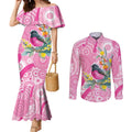 Pink Robin Aboriginal Inspired Couples Matching Mermaid Dress and Long Sleeve Button Shirt - Aussie Hoodie