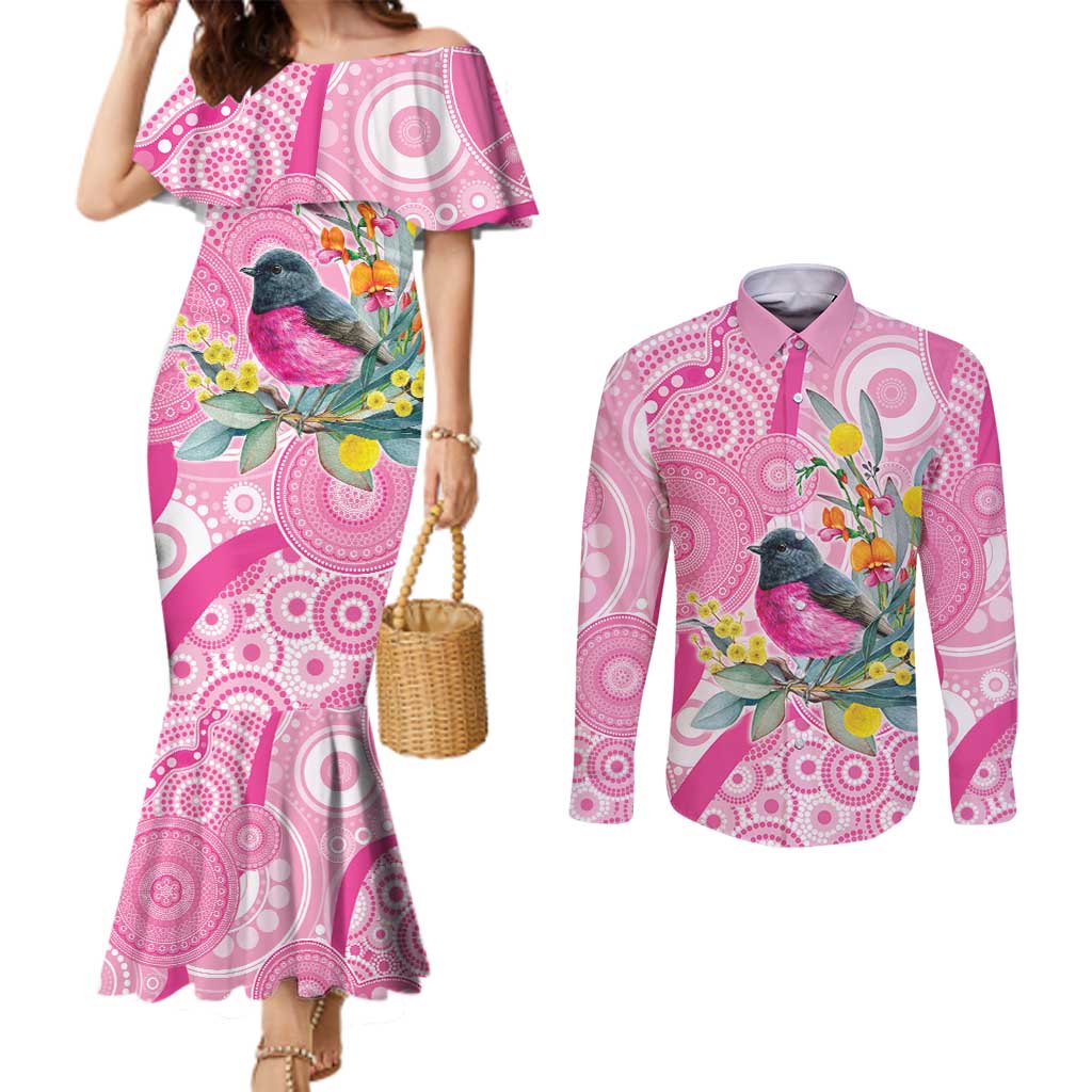 Pink Robin Aboriginal Inspired Couples Matching Mermaid Dress and Long Sleeve Button Shirt - Aussie Hoodie