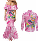 Pink Robin Aboriginal Inspired Couples Matching Mermaid Dress and Long Sleeve Button Shirt - Aussie Hoodie