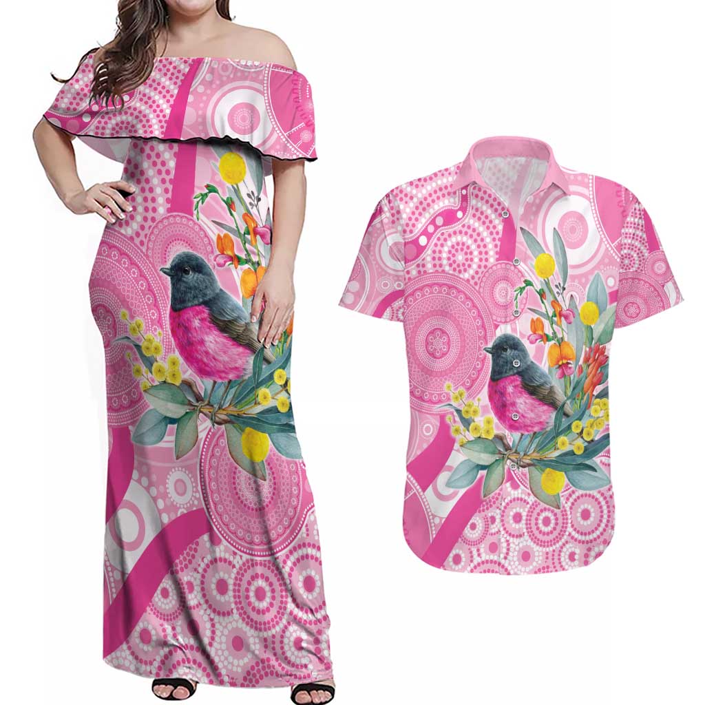 Pink Robin Aboriginal Inspired Couples Matching Off Shoulder Maxi Dress and Hawaiian Shirt - Aussie Hoodie