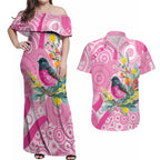 Pink Robin Aboriginal Inspired Couples Matching Off Shoulder Maxi Dress and Hawaiian Shirt - Aussie Hoodie