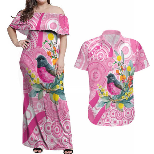 Pink Robin Aboriginal Inspired Couples Matching Off Shoulder Maxi Dress and Hawaiian Shirt - Aussie Hoodie