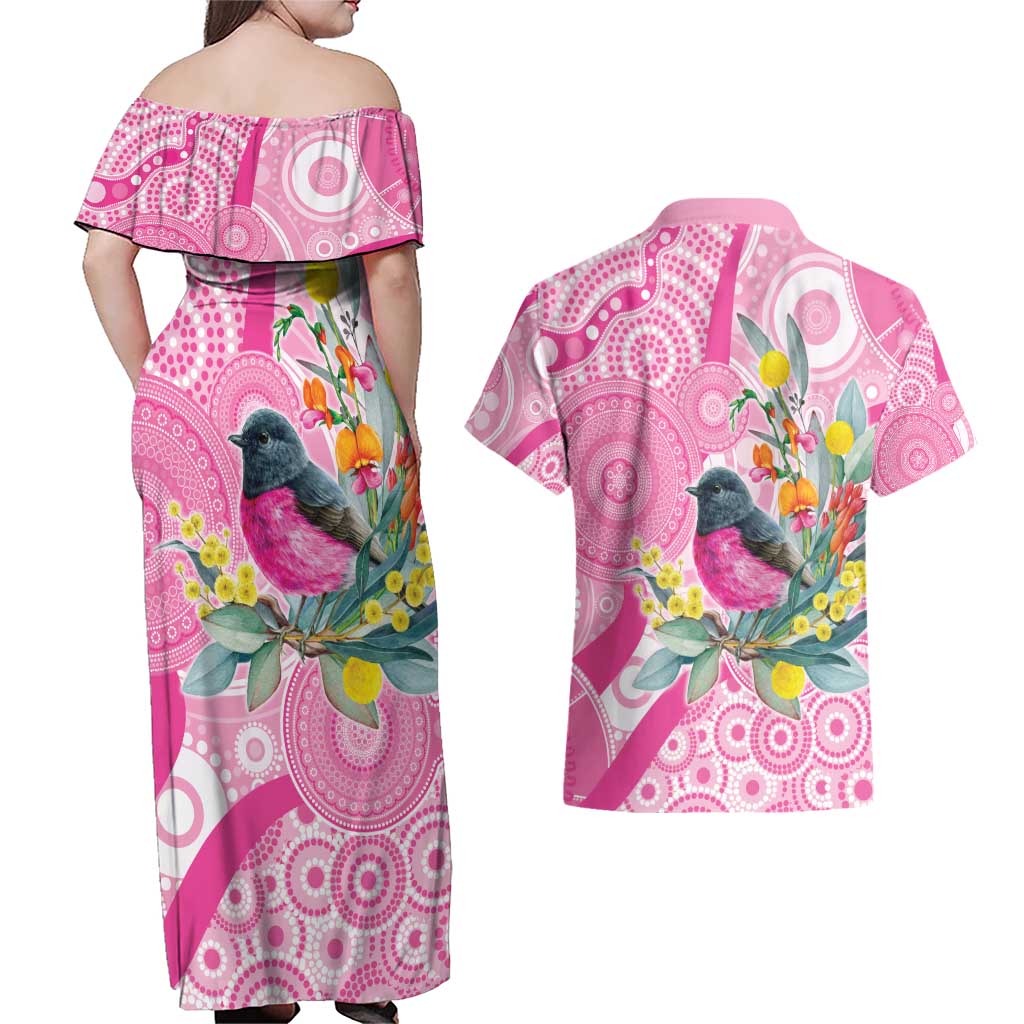 Pink Robin Aboriginal Inspired Couples Matching Off Shoulder Maxi Dress and Hawaiian Shirt - Aussie Hoodie