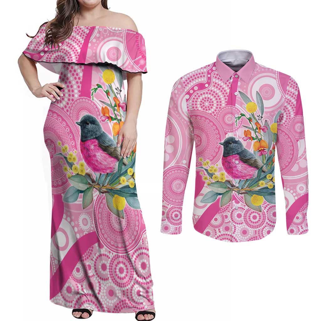 Pink Robin Aboriginal Inspired Couples Matching Off Shoulder Maxi Dress and Long Sleeve Button Shirt - Aussie Hoodie