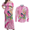 Pink Robin Aboriginal Inspired Couples Matching Off Shoulder Maxi Dress and Long Sleeve Button Shirt - Aussie Hoodie