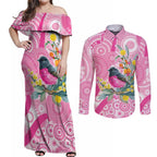 Pink Robin Aboriginal Inspired Couples Matching Off Shoulder Maxi Dress and Long Sleeve Button Shirt - Aussie Hoodie