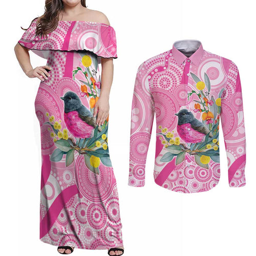 Pink Robin Aboriginal Inspired Couples Matching Off Shoulder Maxi Dress and Long Sleeve Button Shirt - Aussie Hoodie