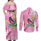 Pink Robin Aboriginal Inspired Couples Matching Off Shoulder Maxi Dress and Long Sleeve Button Shirt - Aussie Hoodie