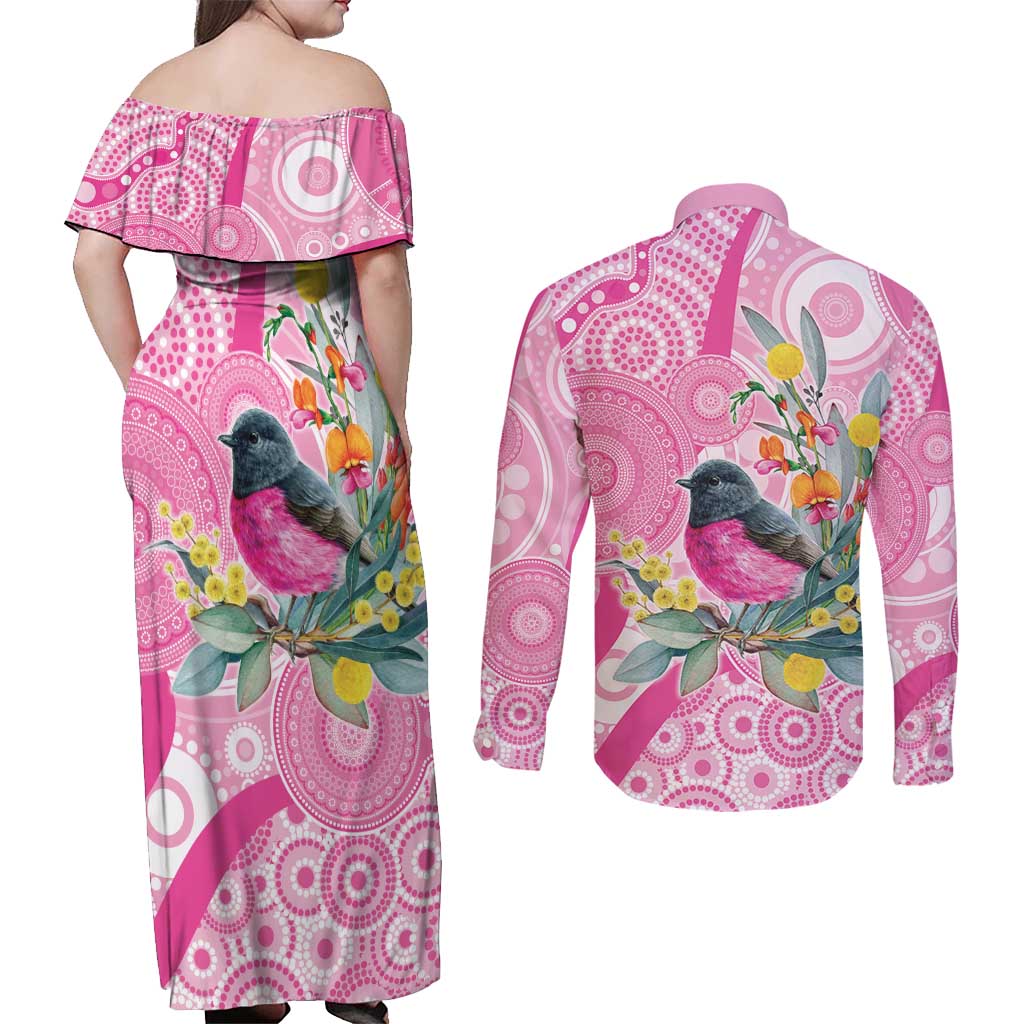 Pink Robin Aboriginal Inspired Couples Matching Off Shoulder Maxi Dress and Long Sleeve Button Shirt - Aussie Hoodie