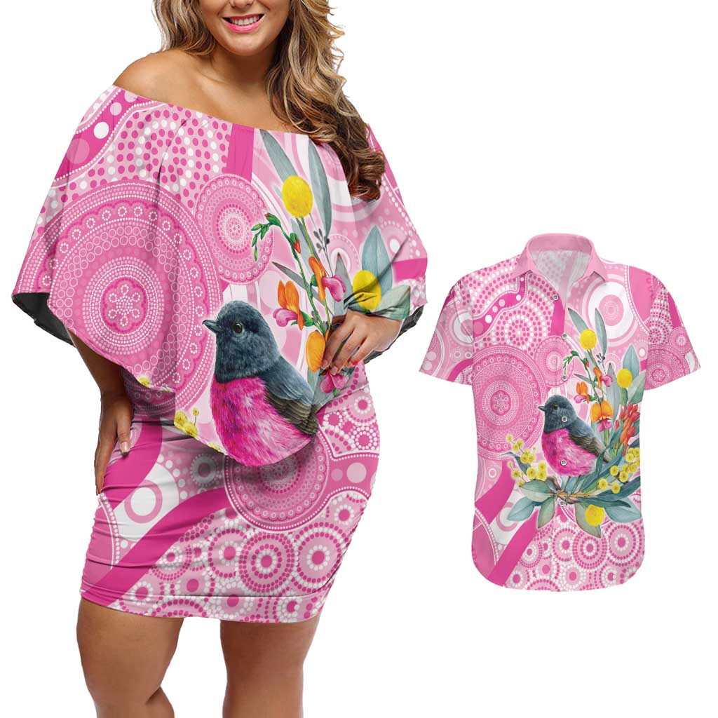Pink Robin Aboriginal Inspired Couples Matching Off Shoulder Short Dress and Hawaiian Shirt - Aussie Hoodie