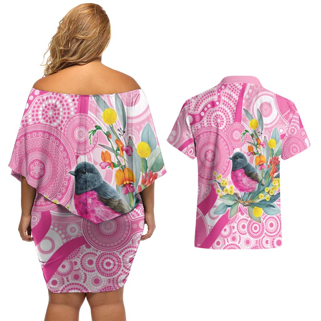 Pink Robin Aboriginal Inspired Couples Matching Off Shoulder Short Dress and Hawaiian Shirt - Aussie Hoodie