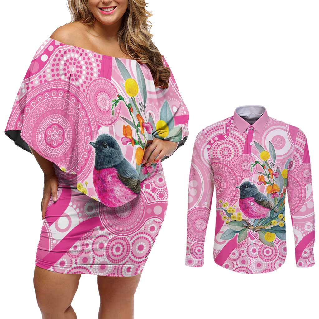 Pink Robin Aboriginal Inspired Couples Matching Off Shoulder Short Dress and Long Sleeve Button Shirt - Aussie Hoodie
