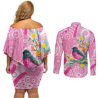 Pink Robin Aboriginal Inspired Couples Matching Off Shoulder Short Dress and Long Sleeve Button Shirt - Aussie Hoodie