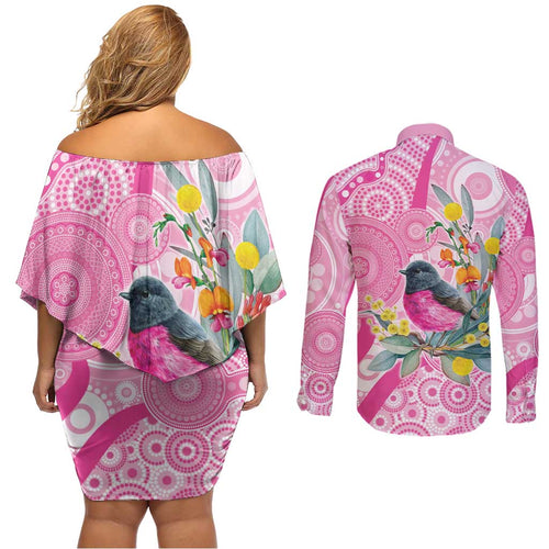 Pink Robin Aboriginal Inspired Couples Matching Off Shoulder Short Dress and Long Sleeve Button Shirt - Aussie Hoodie