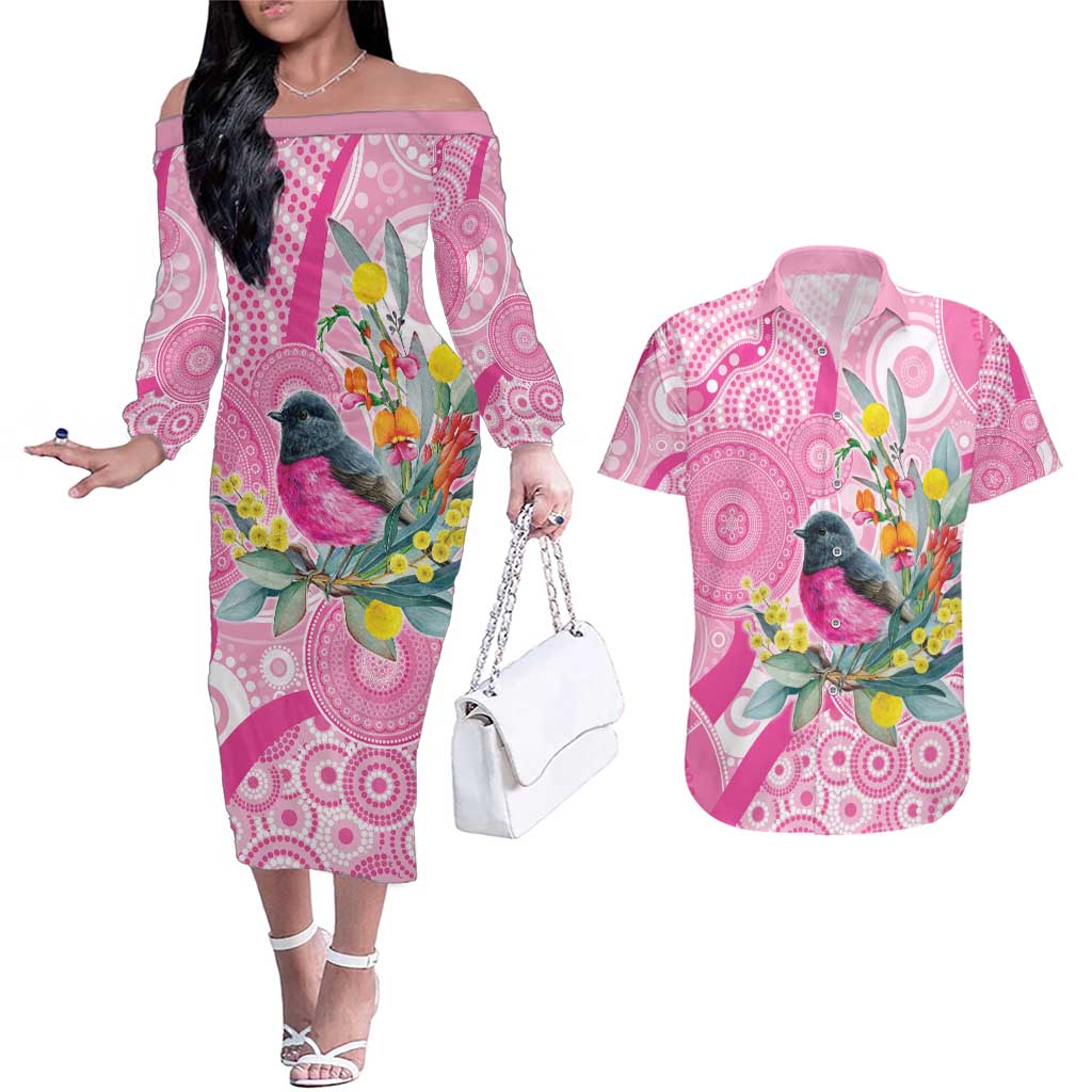 Pink Robin Aboriginal Inspired Couples Matching Off The Shoulder Long Sleeve Dress and Hawaiian Shirt - Aussie Hoodie