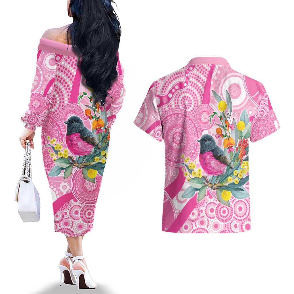 Pink Robin Aboriginal Inspired Couples Matching Off The Shoulder Long Sleeve Dress and Hawaiian Shirt - Aussie Hoodie