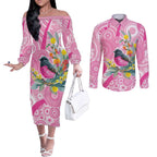 Pink Robin Aboriginal Inspired Couples Matching Off The Shoulder Long Sleeve Dress and Long Sleeve Button Shirt - Aussie Hoodie