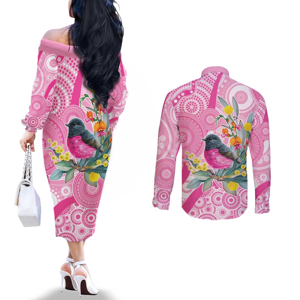Pink Robin Aboriginal Inspired Couples Matching Off The Shoulder Long Sleeve Dress and Long Sleeve Button Shirt - Aussie Hoodie