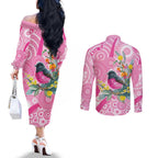 Pink Robin Aboriginal Inspired Couples Matching Off The Shoulder Long Sleeve Dress and Long Sleeve Button Shirt - Aussie Hoodie