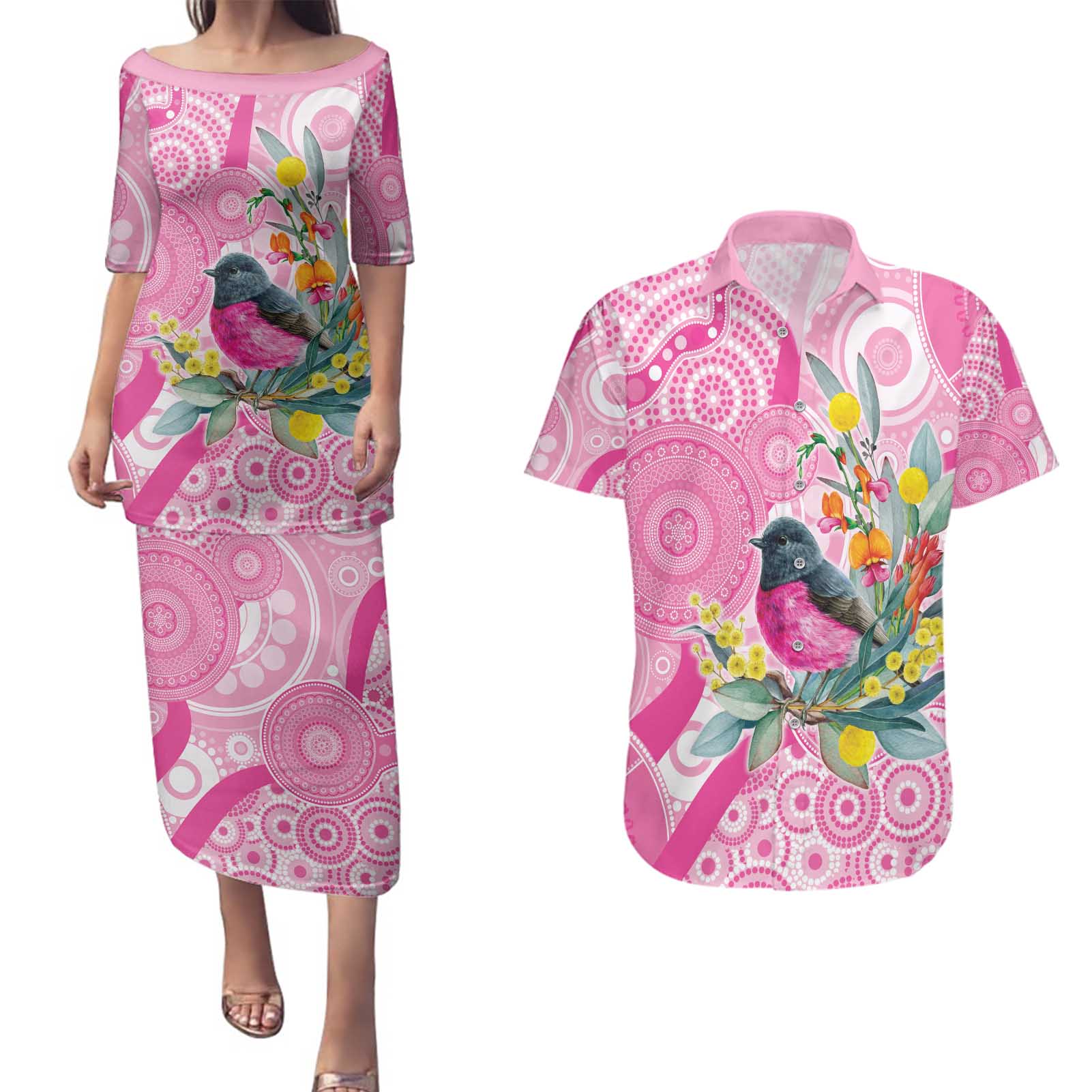 Pink Robin Aboriginal Inspired Couples Matching Puletasi and Hawaiian Shirt - Aussie Hoodie