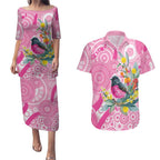 Pink Robin Aboriginal Inspired Couples Matching Puletasi and Hawaiian Shirt - Aussie Hoodie