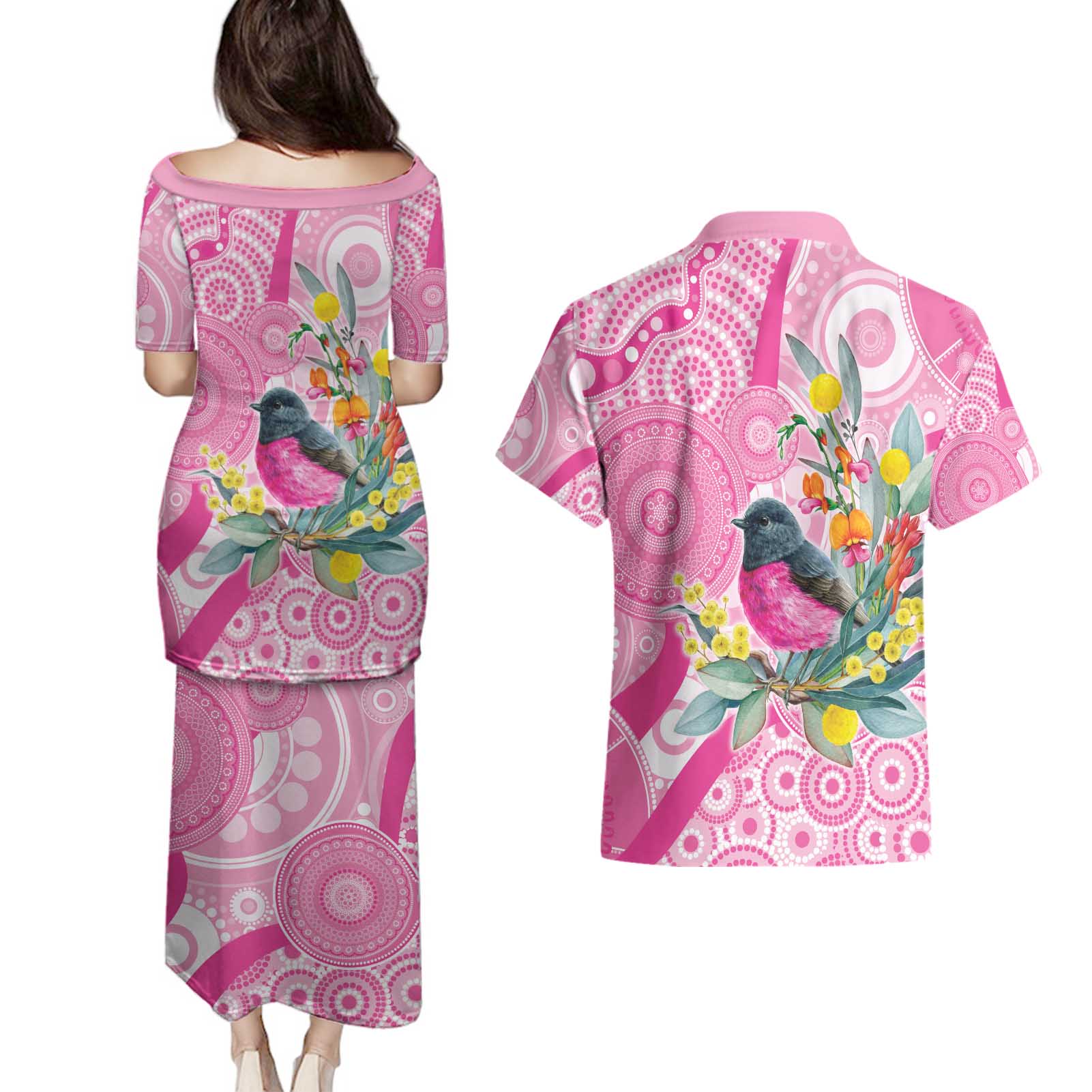 Pink Robin Aboriginal Inspired Couples Matching Puletasi and Hawaiian Shirt - Aussie Hoodie