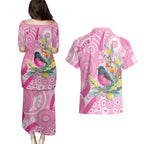 Pink Robin Aboriginal Inspired Couples Matching Puletasi and Hawaiian Shirt - Aussie Hoodie