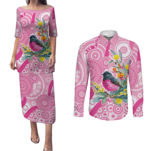 Pink Robin Aboriginal Inspired Couples Matching Puletasi and Long Sleeve Button Shirt - Aussie Hoodie