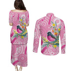 Pink Robin Aboriginal Inspired Couples Matching Puletasi and Long Sleeve Button Shirt - Aussie Hoodie