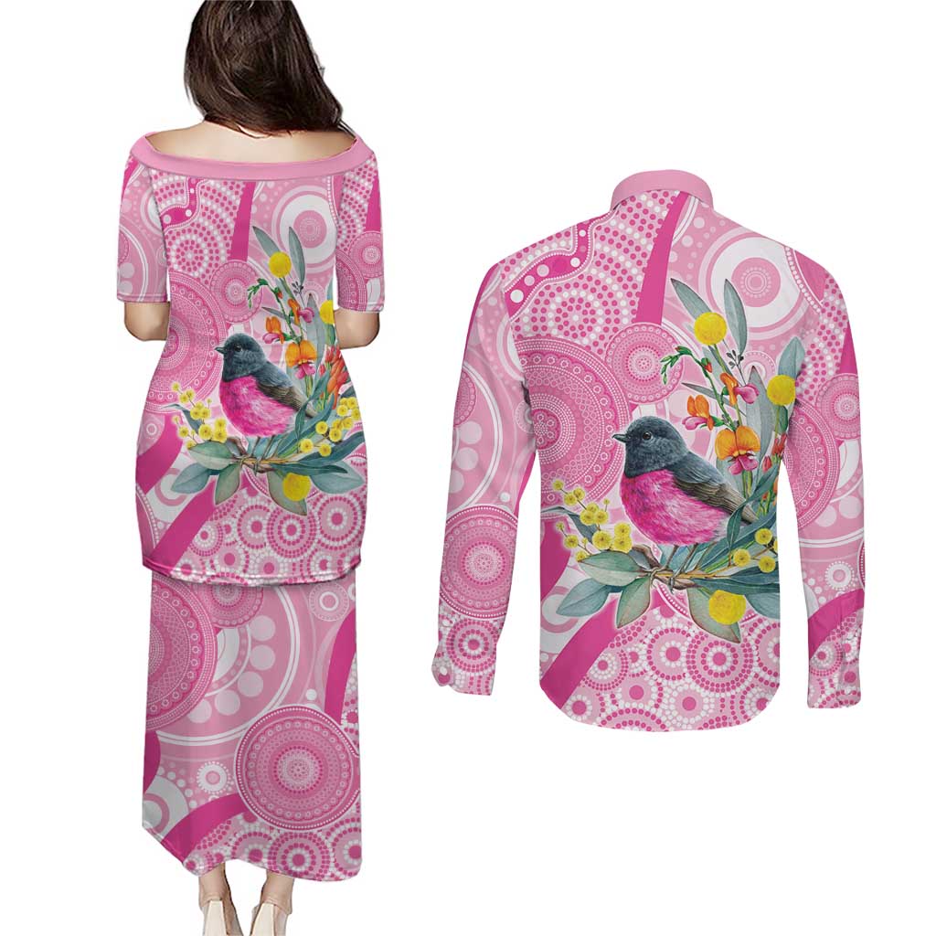 Pink Robin Aboriginal Inspired Couples Matching Puletasi and Long Sleeve Button Shirt - Aussie Hoodie
