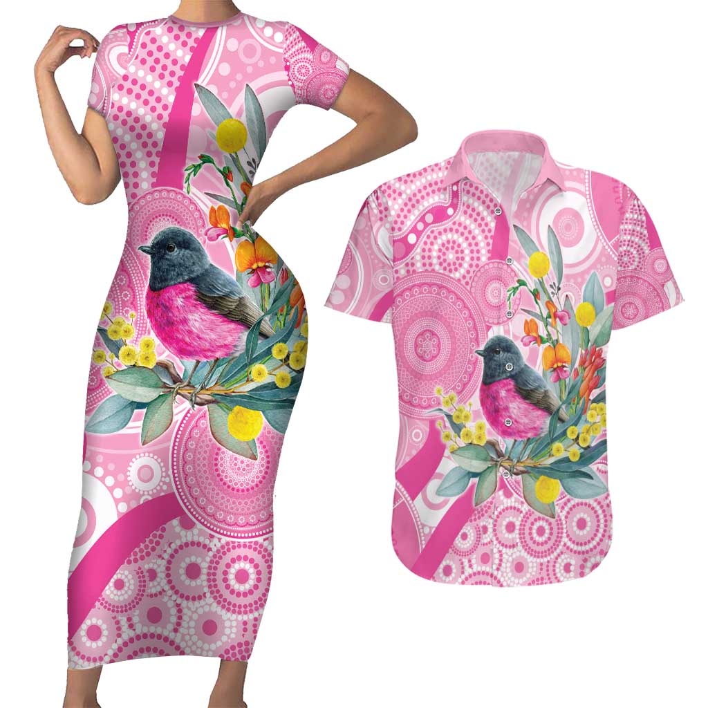 Pink Robin Aboriginal Inspired Couples Matching Short Sleeve Bodycon Dress and Hawaiian Shirt - Aussie Hoodie