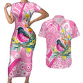 Pink Robin Aboriginal Inspired Couples Matching Short Sleeve Bodycon Dress and Hawaiian Shirt - Aussie Hoodie