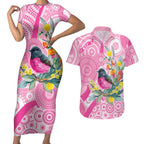 Pink Robin Aboriginal Inspired Couples Matching Short Sleeve Bodycon Dress and Hawaiian Shirt - Aussie Hoodie