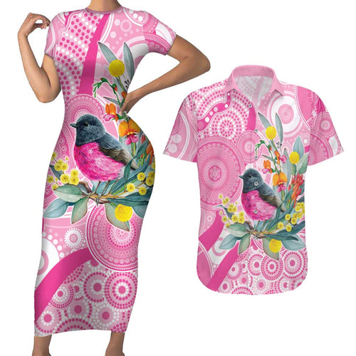 Pink Robin Aboriginal Inspired Couples Matching Short Sleeve Bodycon Dress and Hawaiian Shirt - Aussie Hoodie