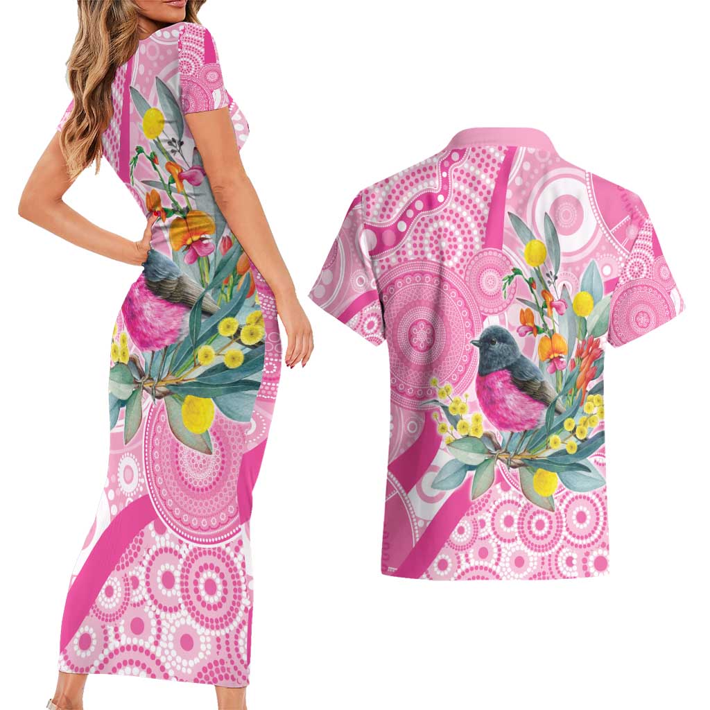 Pink Robin Aboriginal Inspired Couples Matching Short Sleeve Bodycon Dress and Hawaiian Shirt - Aussie Hoodie