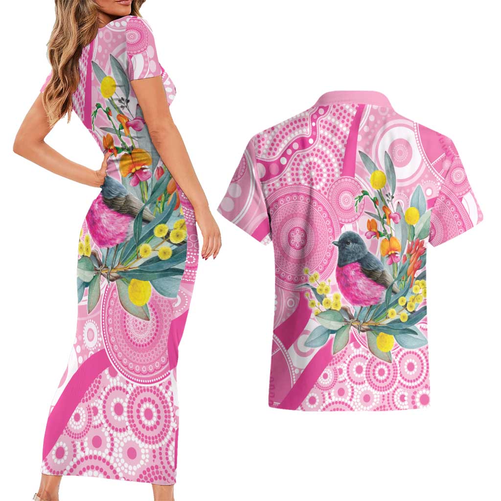 Pink Robin Aboriginal Inspired Couples Matching Short Sleeve Bodycon Dress and Hawaiian Shirt - Aussie Hoodie