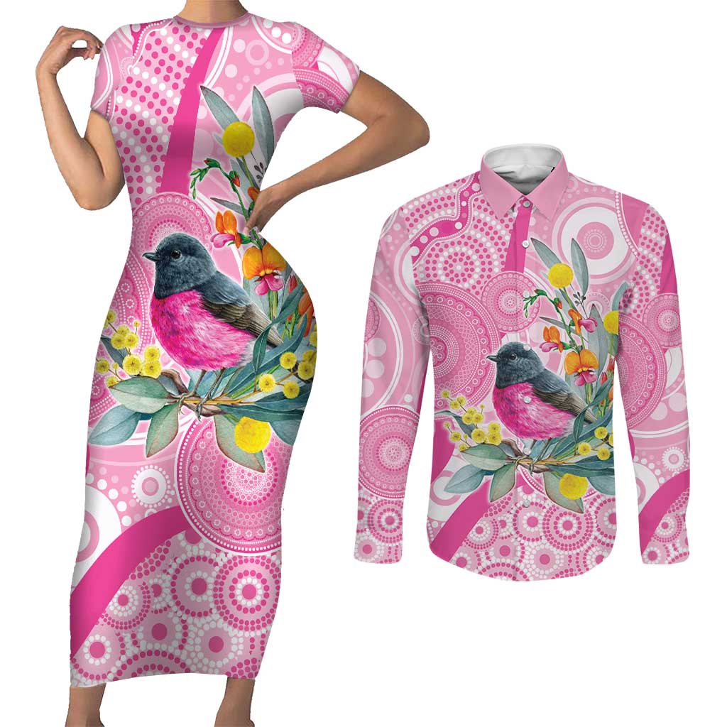 Pink Robin Aboriginal Inspired Couples Matching Short Sleeve Bodycon Dress and Long Sleeve Button Shirt - Aussie Hoodie