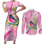 Pink Robin Aboriginal Inspired Couples Matching Short Sleeve Bodycon Dress and Long Sleeve Button Shirt - Aussie Hoodie