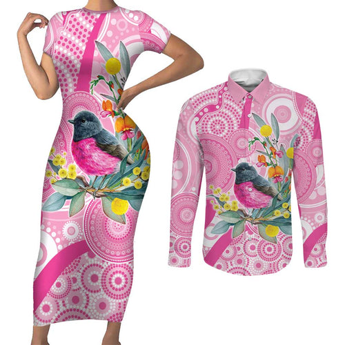 Pink Robin Aboriginal Inspired Couples Matching Short Sleeve Bodycon Dress and Long Sleeve Button Shirt - Aussie Hoodie