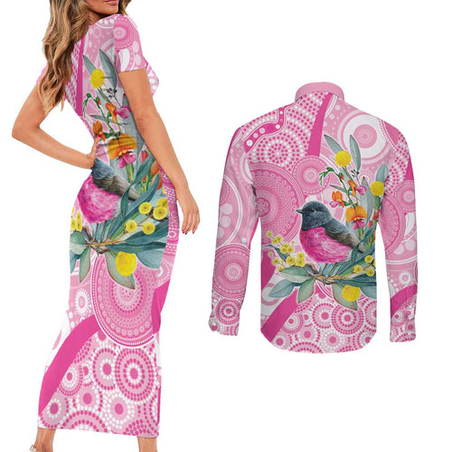 Pink Robin Aboriginal Inspired Couples Matching Short Sleeve Bodycon Dress and Long Sleeve Button Shirt - Aussie Hoodie