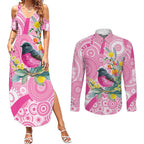 Pink Robin Aboriginal Inspired Couples Matching Summer Maxi Dress and Long Sleeve Button Shirt - Aussie Hoodie