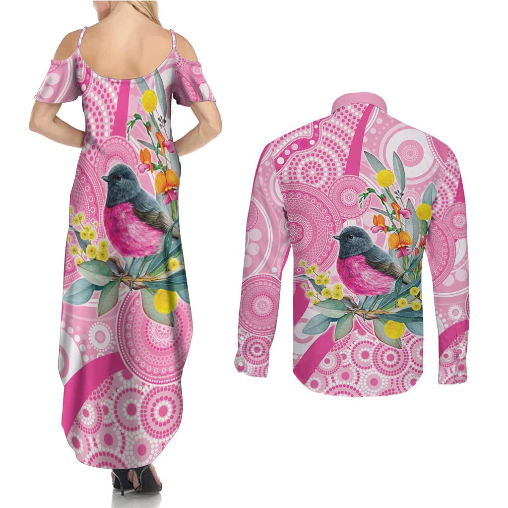 Pink Robin Aboriginal Inspired Couples Matching Summer Maxi Dress and Long Sleeve Button Shirt - Aussie Hoodie