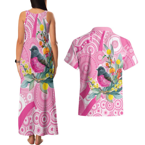 Pink Robin Aboriginal Inspired Couples Matching Tank Maxi Dress and Hawaiian Shirt - Aussie Hoodie