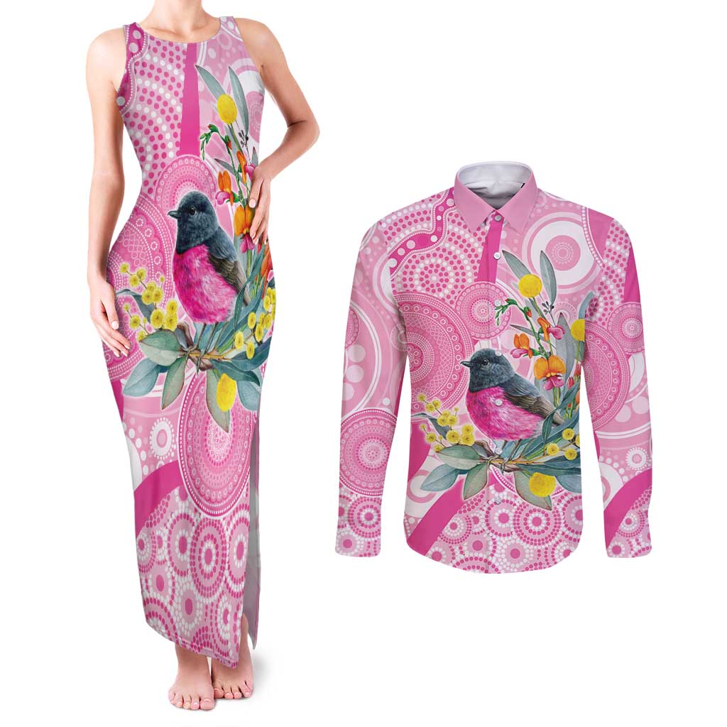 Pink Robin Aboriginal Inspired Couples Matching Tank Maxi Dress and Long Sleeve Button Shirt - Aussie Hoodie
