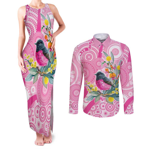 Pink Robin Aboriginal Inspired Couples Matching Tank Maxi Dress and Long Sleeve Button Shirt - Aussie Hoodie