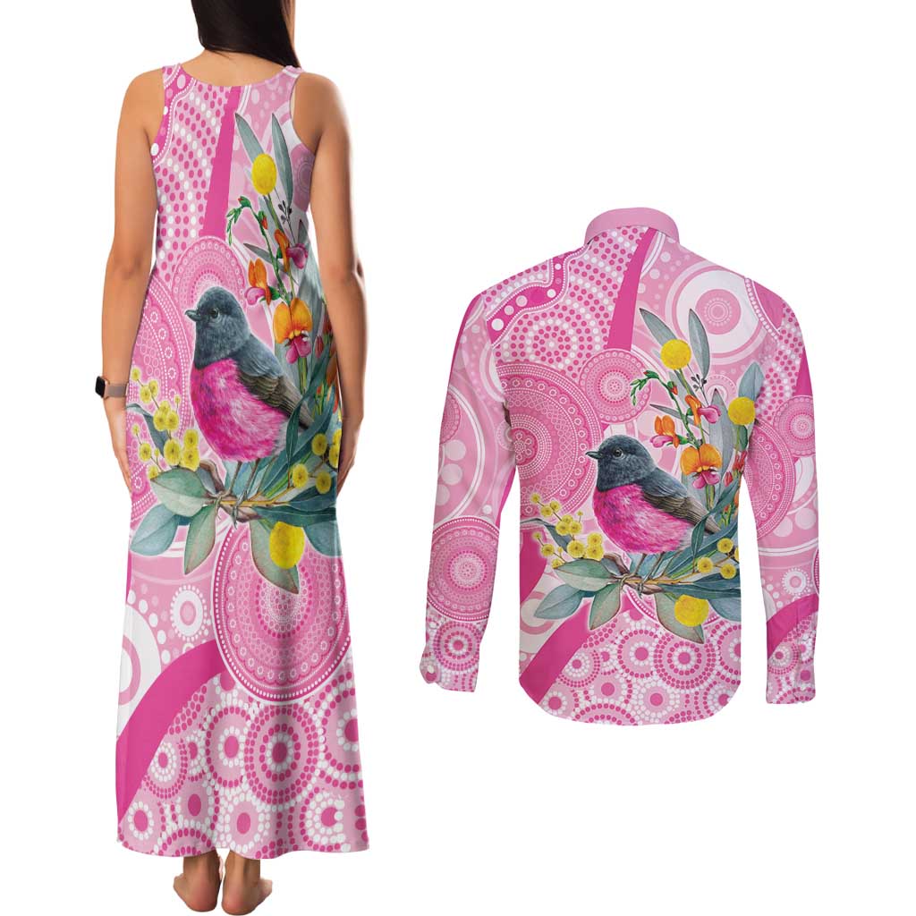 Pink Robin Aboriginal Inspired Couples Matching Tank Maxi Dress and Long Sleeve Button Shirt - Aussie Hoodie