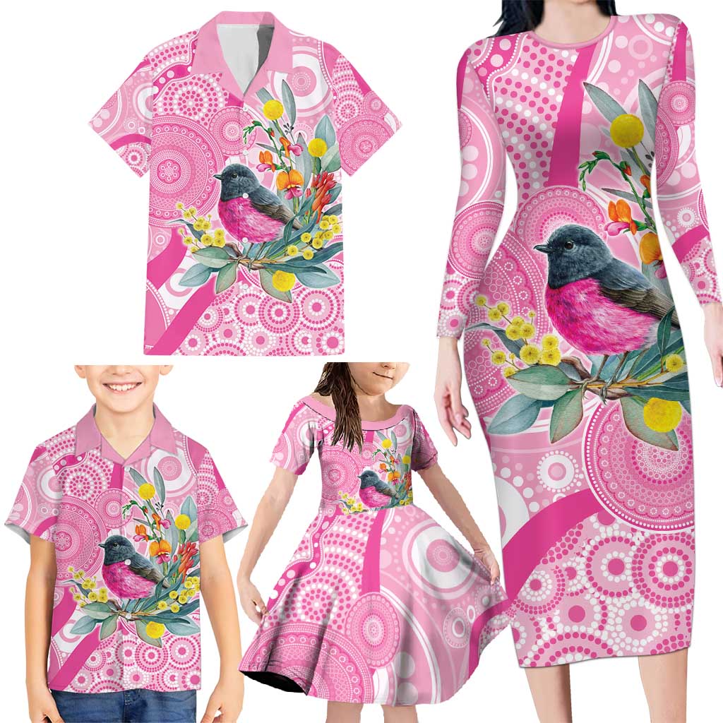 Pink Robin Aboriginal Inspired Family Matching Long Sleeve Bodycon Dress and Hawaiian Shirt - Aussie Hoodie