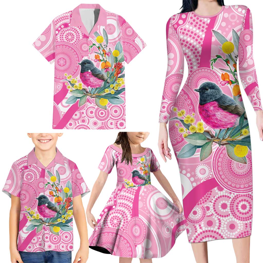 Pink Robin Aboriginal Inspired Family Matching Long Sleeve Bodycon Dress and Hawaiian Shirt - Aussie Hoodie