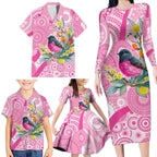 Pink Robin Aboriginal Inspired Family Matching Long Sleeve Bodycon Dress and Hawaiian Shirt - Aussie Hoodie
