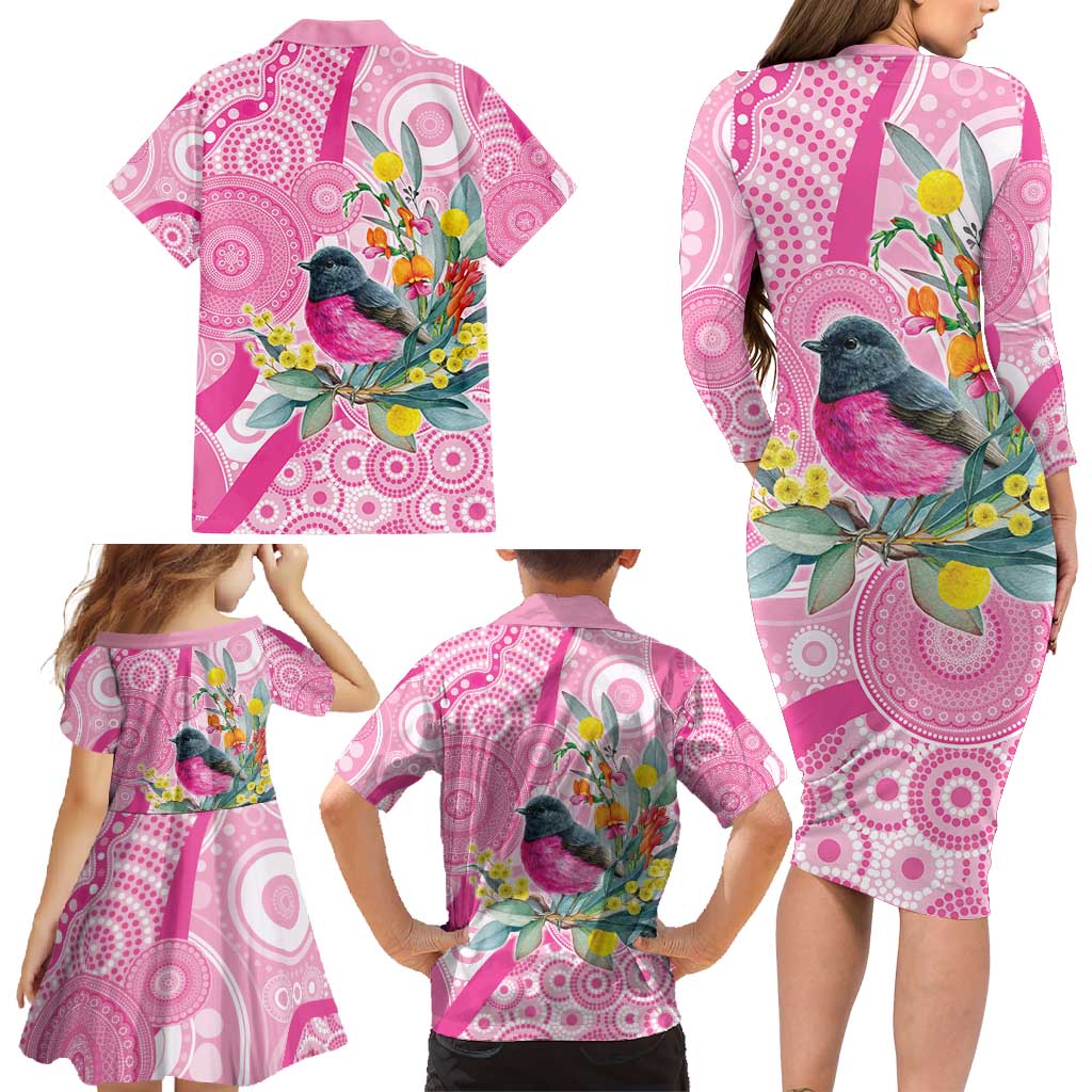 Pink Robin Aboriginal Inspired Family Matching Long Sleeve Bodycon Dress and Hawaiian Shirt - Aussie Hoodie